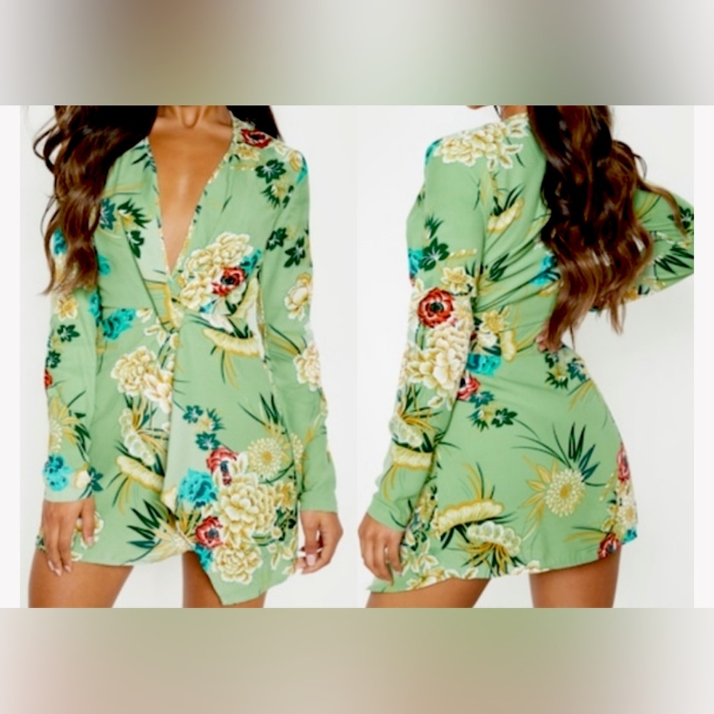 PrettyLittleThing Green Long Sleeve Floral dress